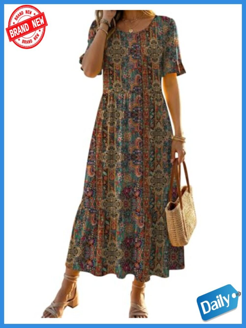Flowy Ruffle Short Sleeve Tiered Midi Dress A-Line Boho Sundress with Pockets